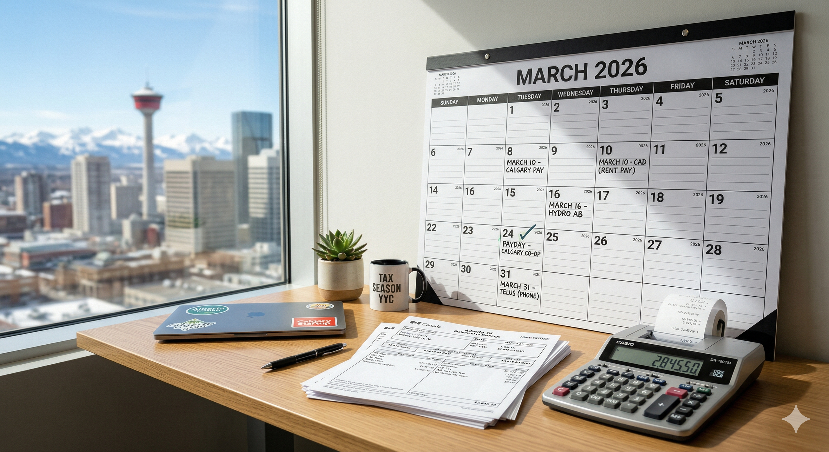 March 2026 calendar showing Calgary payroll remittance deadlines with Tax Season YYC mug and T4 slip