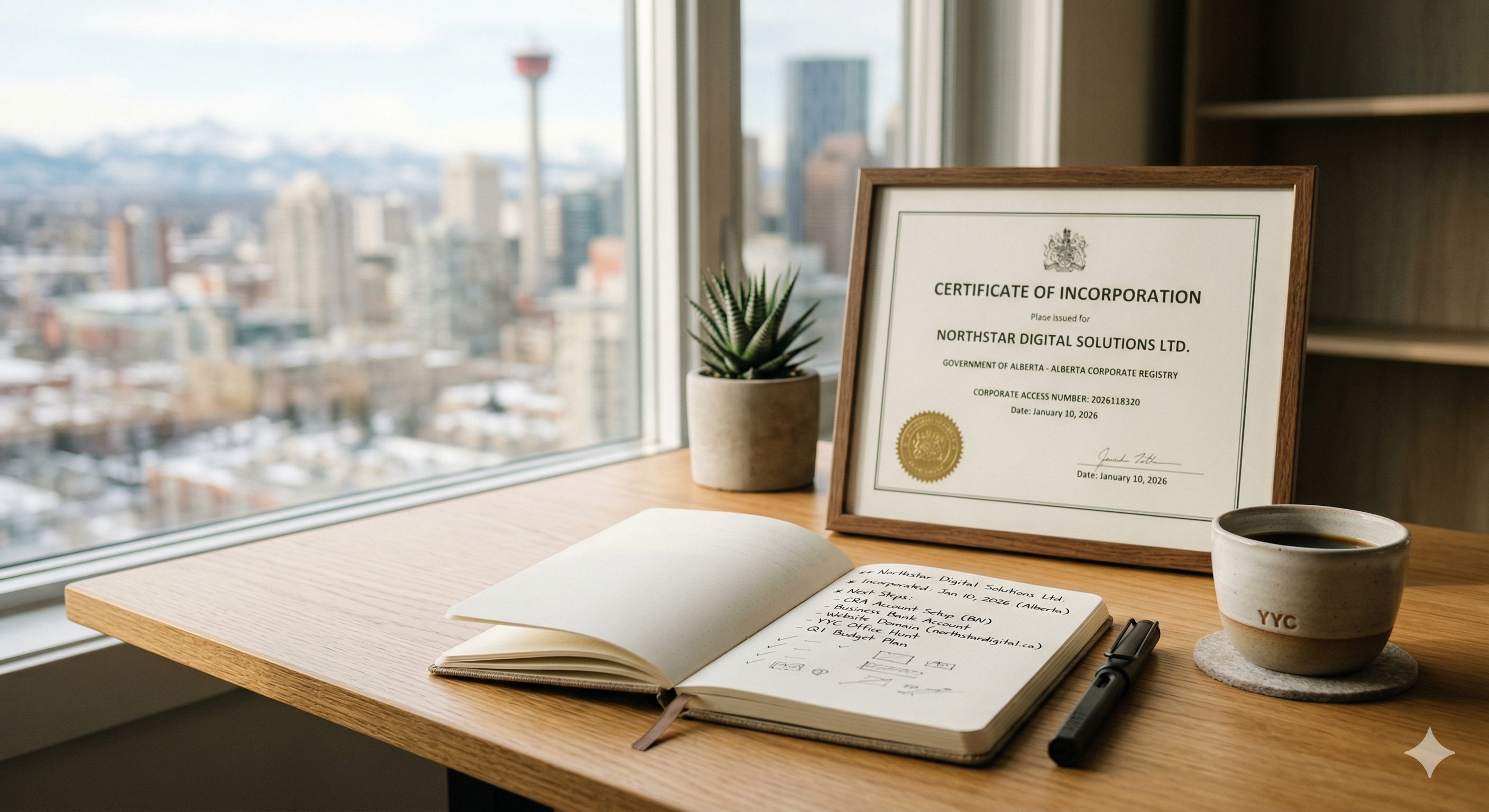 Alberta Certificate of Incorporation on desk with Calgary skyline