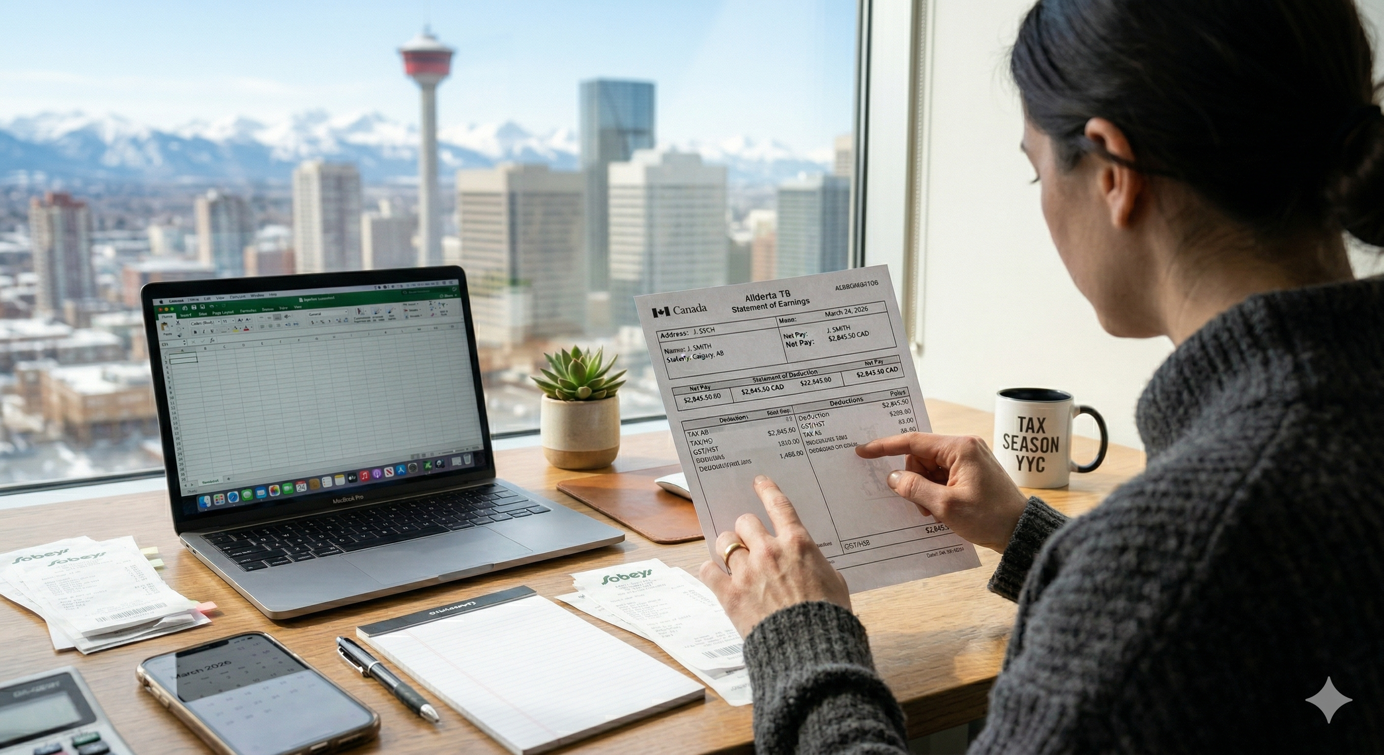Calgary contractor reviewing corporate tax documents and CRA compliance for incorporated trades business