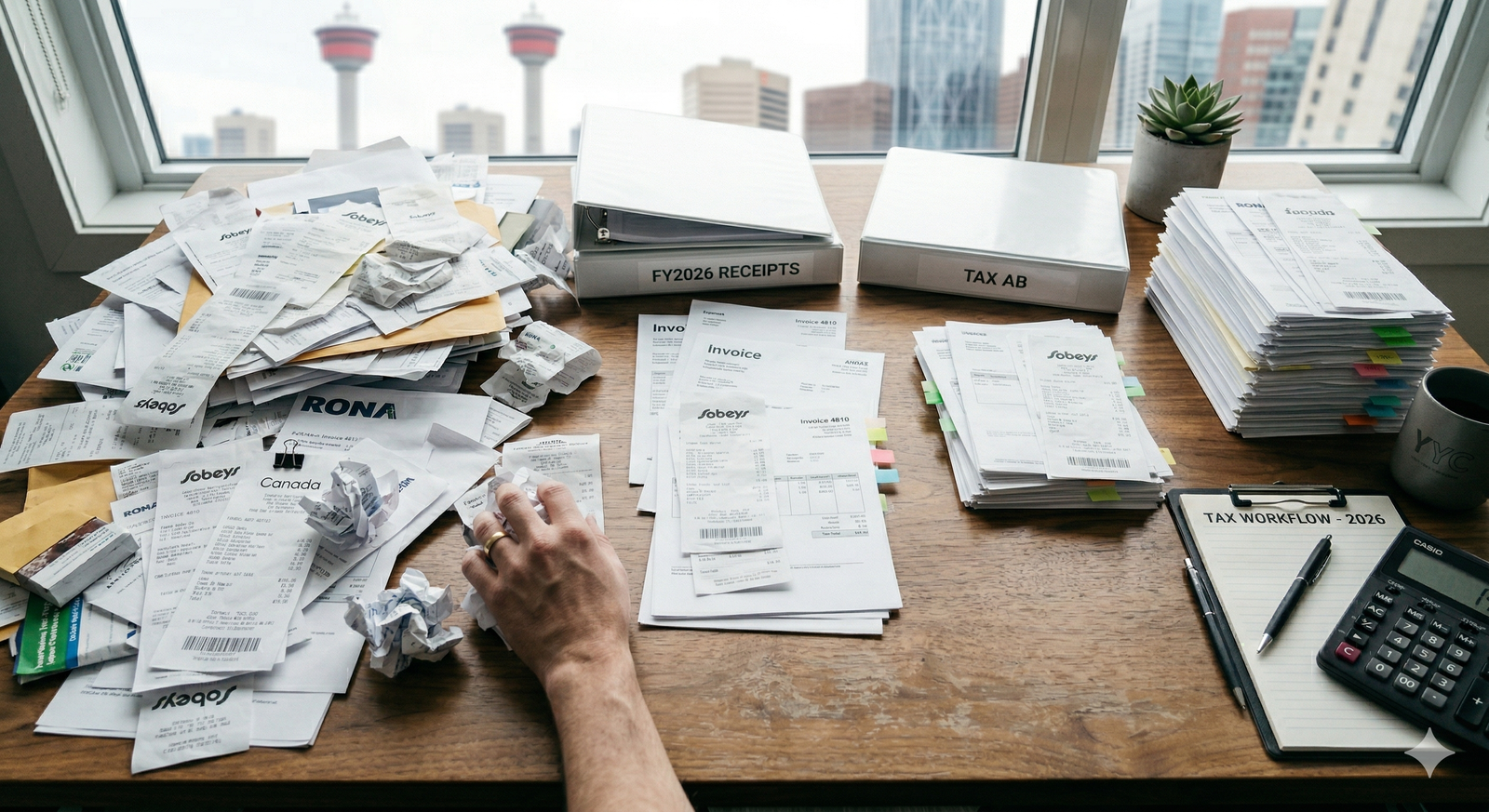 Disorganized Calgary business receipts and tax documents — the problem Swift Accounting solves