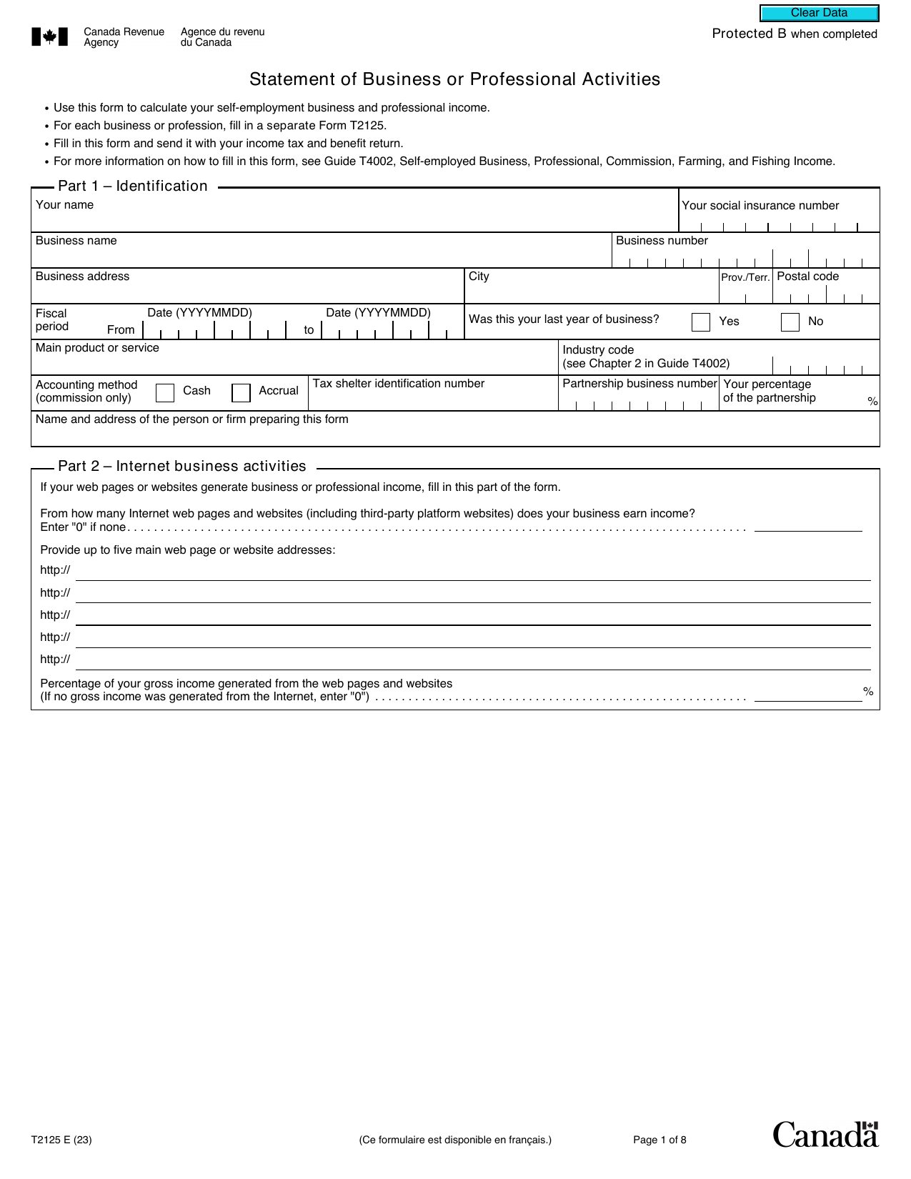 CRA T2125 form showing business income and expense sections for self-employed and corporate filers