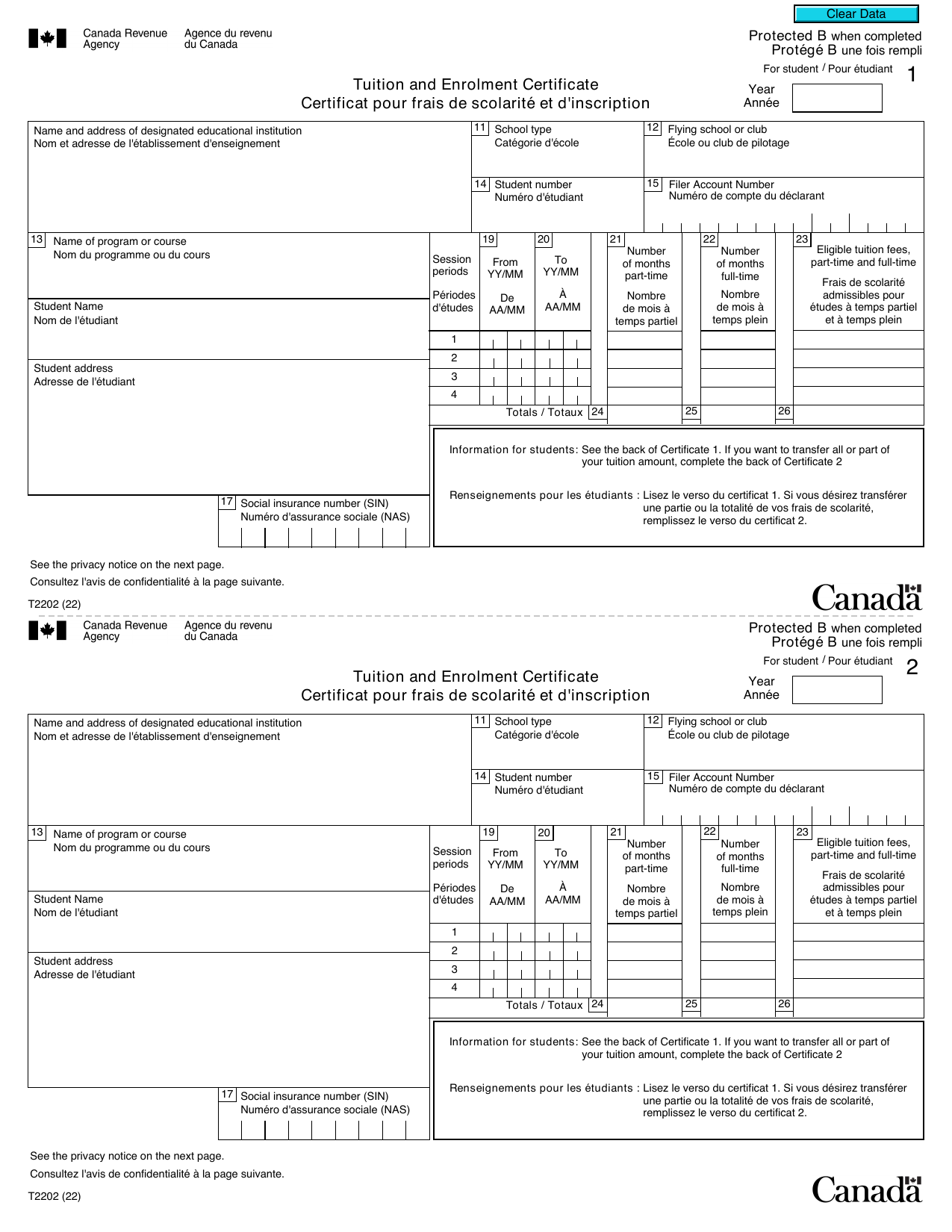 CRA T2202 — Tuition and Enrolment Certificate — CRA T2202
