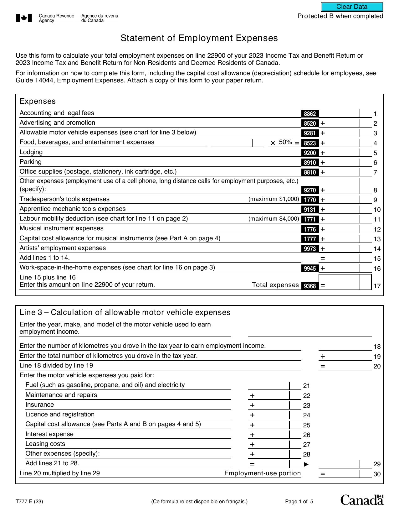 CRA T777 form showing home office expense claim sections including workspace costs and percentage of use calculations